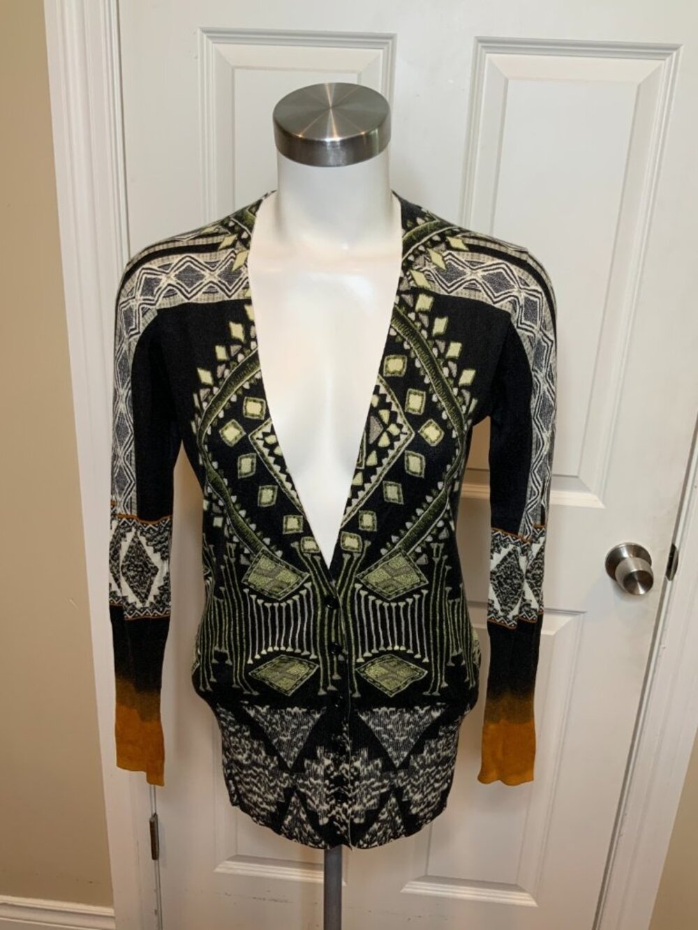 ETRO Milano Black Thin Knit Silk Cashmere Geometric Cardigan Size 6 (US) 40 (IT)